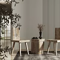 Modern Wooden Dining Chairs And Round Table With Dried Plant Vase And Natural Decor