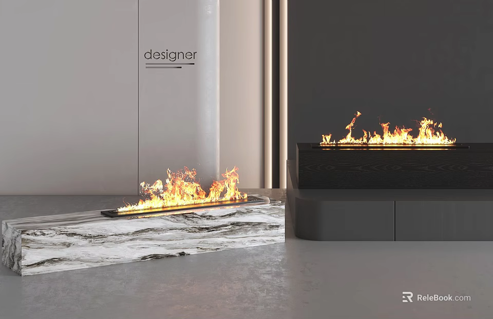 Modern Linear Fireplace With Flames In Stylish Interior Marble Floor Design 3d model