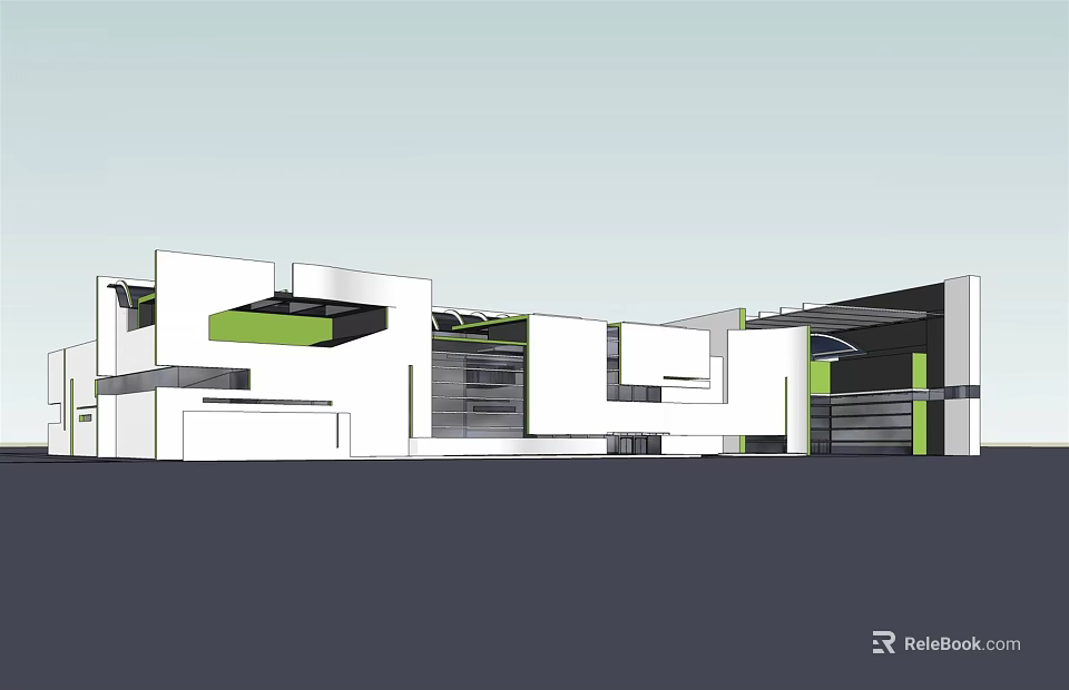 Modern Architectural Design Featuring Geometric Structure White Facade And Green Accents On Building Exterior 3d model 