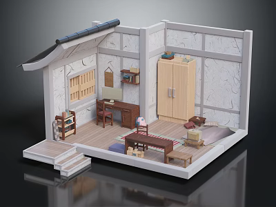 Japanese Style Interior Room with Tatami Area Wooden Desk Cabinet Bookshelf and Steps 3d model
