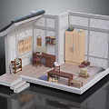 Japanese Style Interior Room with Tatami Area Wooden Desk Cabinet Bookshelf and Steps