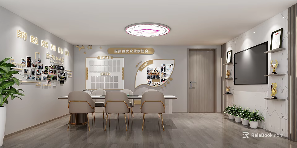 Modern Meeting Room With Long Table Chairs Decorative Wall And Round Ceiling Light 3d model