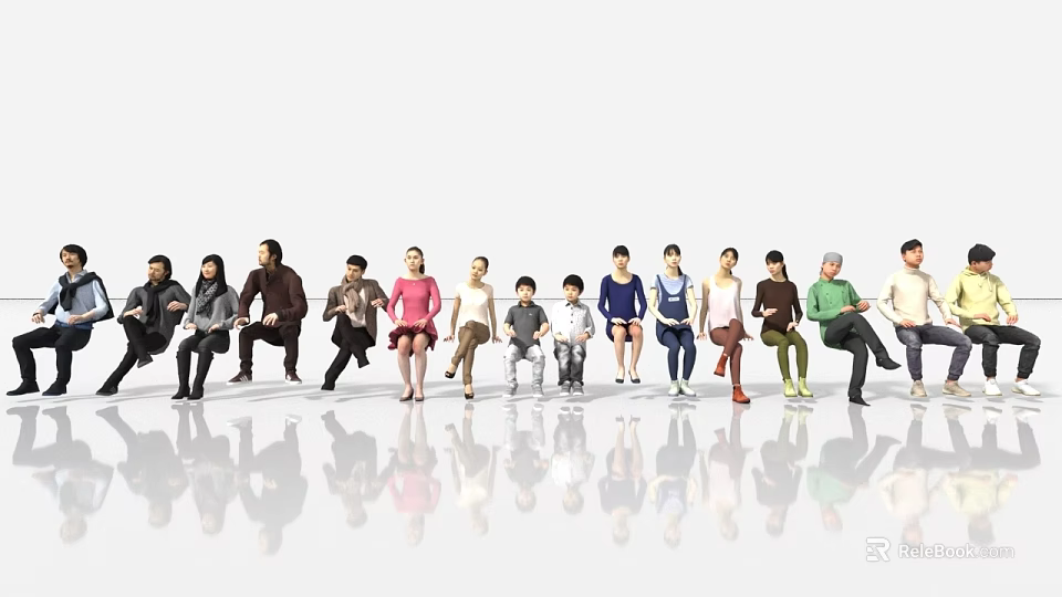 Diverse group of people with various poses colorful clothing white background and floor reflection 3d model 