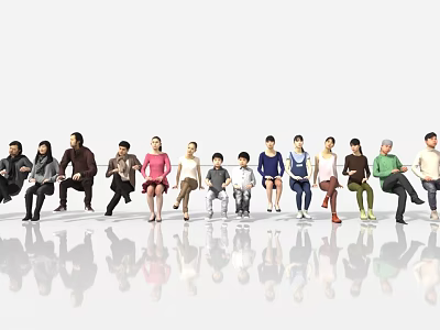 Diverse group of people with various poses colorful clothing white background and floor reflection 3d model