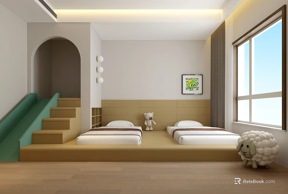 Kids Room Interior Design With Twin Beds Green Staircase Arched Doorway Window And Stuffed Toys 3d model 