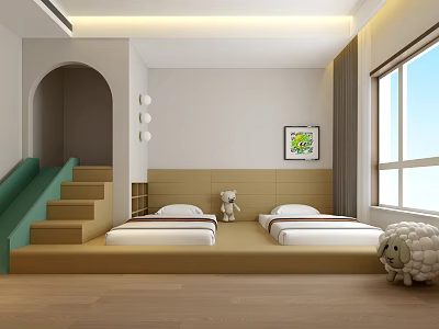 Kids Room Interior Design With Twin Beds Green Staircase Arched Doorway Window And Stuffed Toys 3d model