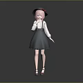 Little Girl Wearing White Long Sleeve Top Gray Pinafore Dress And Red Flower Hat