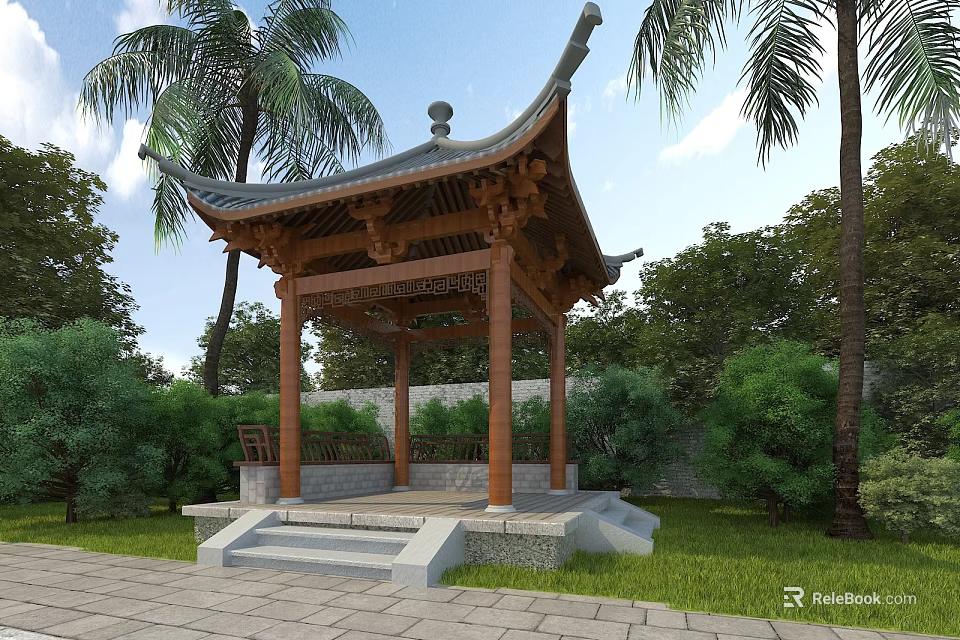 Ancient Chinese Pavilion With Traditional Roof Wooden Pillars Green Trees Palm Trees And Stone Pavement 3d model 