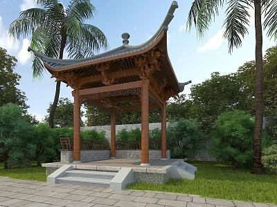 Ancient Chinese Pavilion With Traditional Roof Wooden Pillars Green Trees Palm Trees And Stone Pavement 3d model