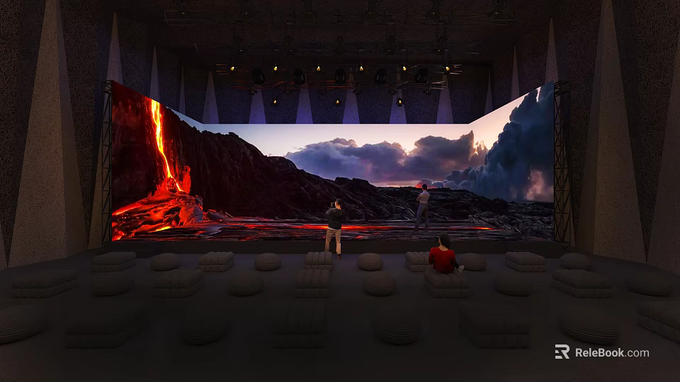 Immersive Volcanic Landscape Viewing Area With Large Curved Screen And Round Cushions For Audience 3d model 