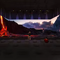 Immersive Volcanic Landscape Viewing Area With Large Curved Screen And Round Cushions For Audience