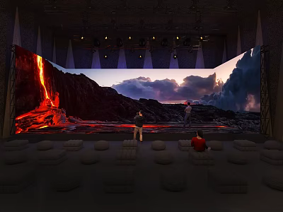 Immersive Volcanic Landscape Viewing Area With Large Curved Screen And Round Cushions For Audience 3d model