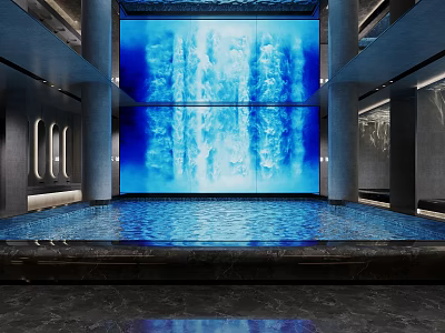 Serene Modern SPA Sauna Indoor With Rectangular Pool Blue Wave Wall And Soft Lights 3d model