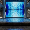 Serene Modern SPA Sauna Indoor With Rectangular Pool Blue Wave Wall And Soft Lights 3d model