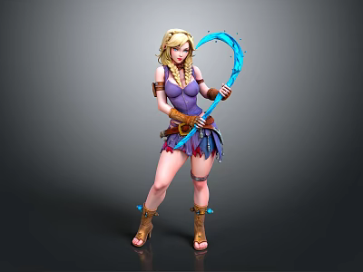 Fantasy Woman in Purple Outfit Holding Blue Curved Weapon with Decorative Boots 3d model