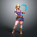 Fantasy Woman in Purple Outfit Holding Blue Curved Weapon with Decorative Boots