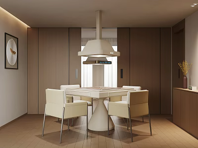 Modern Interior Featuring White Entertainment Table Four Chairs Wooden Cabinets And Decorative Wall Art 3d model