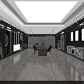 Modern Kitchen Showroom Interior With Marble Island Cabinets Appliances And Dining Chairs