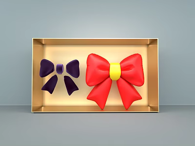 Elegant Decorative Ornament Set in Golden Box with Purple and Red Bows and Yellow Center 3d model