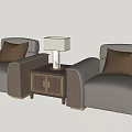 Two Light Upholstered Single Sofa With Brown Cushion Side Table Table Lamp Tufted Details 3d model