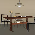 Stylish Wooden Table And Chairs Combination With Wicker Back Upholstered Seats Vase Flowers Pendant Light
