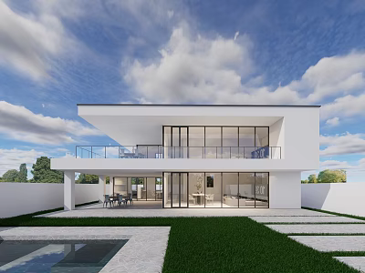 Modern White Detached Villa Exterior With Large Glass Windows Balcony Green Lawn And Pool 3d model