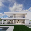 Modern White Detached Villa Exterior With Large Glass Windows Balcony Green Lawn And Pool