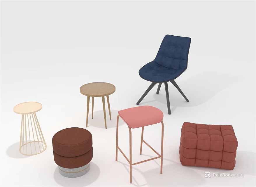 Modern Navy Blue Accent Chair with Wooden Pink Brown and Red Stools and Poufs 3d model 