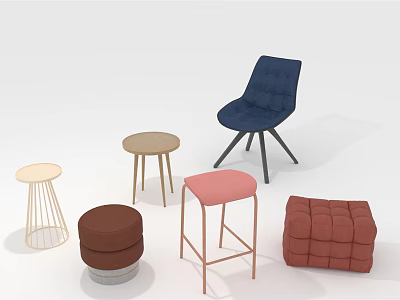 Modern Navy Blue Accent Chair with Wooden Pink Brown and Red Stools and Poufs 3d model