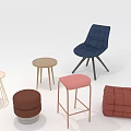 Modern Navy Blue Accent Chair with Wooden Pink Brown and Red Stools and Poufs
