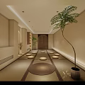 Serene Japanese Tatami Room With Round Cushions Wooden Shelf And Dried Flower Vase