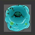 Green Frog on Lily Pad with Lotus Flowers and Aquatic Plants in Water Area