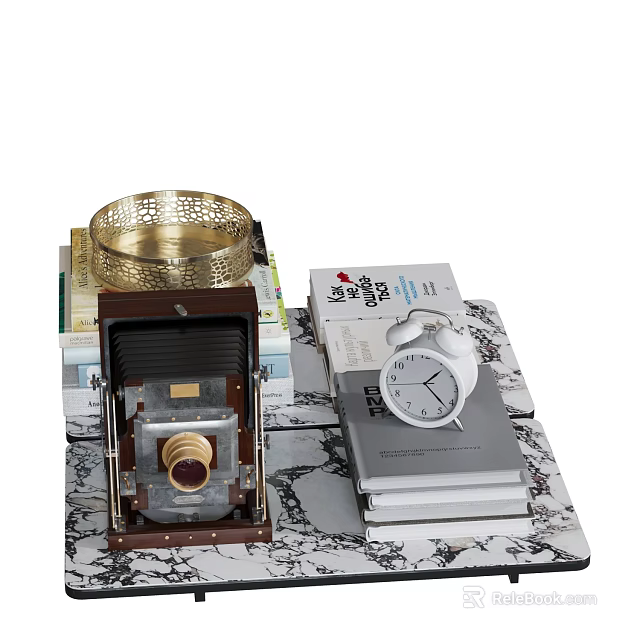 Decorative Ornament Set Featuring Vintage Camera Golden Hollow Out Bowl White Alarm Clock Stacked Books 3d model 