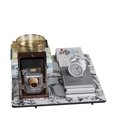 Decorative Ornament Set Featuring Vintage Camera Golden Hollow Out Bowl White Alarm Clock Stacked Books 3d model