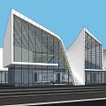 Modern Sales Office Building With Large Glass Curtain Walls And Angular Roof Design