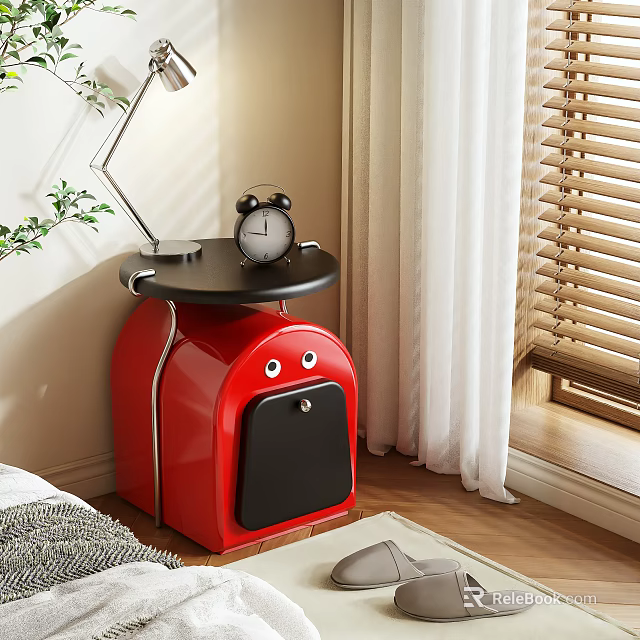 Red Bedside Table With Black Top Featuring Alarm Clock And Table Lamp Modern Style 3d model
