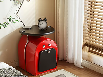 Red Bedside Table With Black Top Featuring Alarm Clock And Table Lamp Modern Style 3d model