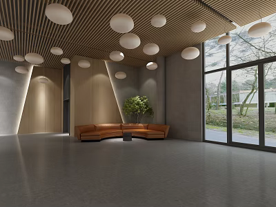 Modern Front Desk Reception With Wooden Ceiling Round Pendant Lights Brown Sofa Large Glass Windows 3d model