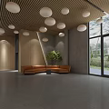 Modern Front Desk Reception With Wooden Ceiling Round Pendant Lights Brown Sofa Large Glass Windows