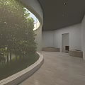 Cultural Center Modern Interior With Green Tree Art Installations And Exhibition Space