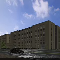 Modern Multi Storey Industrial Factory Exterior With Road Vehicles Pedestrians And Trees
