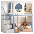 Modern Children's Bunk Bed With Blue Staircase Golden Ladder Upper Bunk Lower Sofa And Pillows