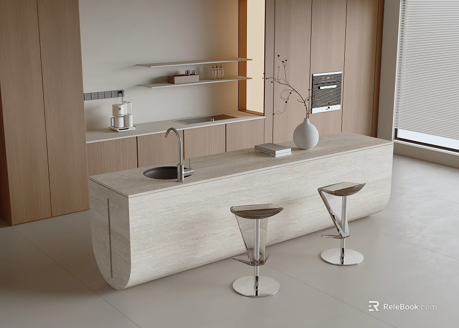 Curved Beige Marble Bar With Metal Frame Stools Open Shelves And Wooden Cabinets 3d model 