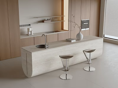 Curved Beige Marble Bar With Metal Frame Stools Open Shelves And Wooden Cabinets 3d model