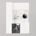 Modern Laundry Room With White Cabinets Washing Machine Dryer White Countertop And Potted Plant