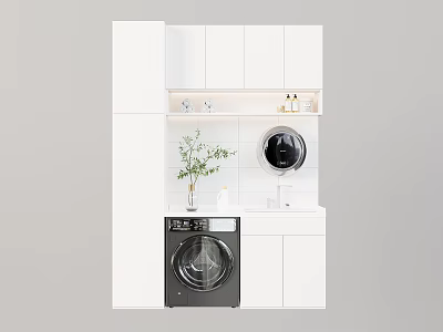 Modern Laundry Room With White Cabinets Washing Machine Dryer White Countertop And Potted Plant 3d model