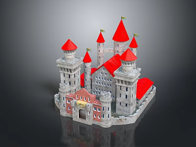 Cartoon Castle Scene Featuring Red Spires Multiple Towers Gray White Walls Small Windows and Doors 3d model