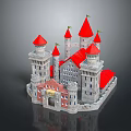 Cartoon Castle Scene Featuring Red Spires Multiple Towers Gray White Walls Small Windows and Doors