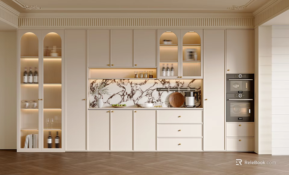 Elegant Modern Beige Sideboard With Marble Countertop Strip Lighting Open Shelves Drawers And Oven 3d model 