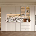 Elegant Modern Beige Sideboard With Marble Countertop Strip Lighting Open Shelves Drawers And Oven